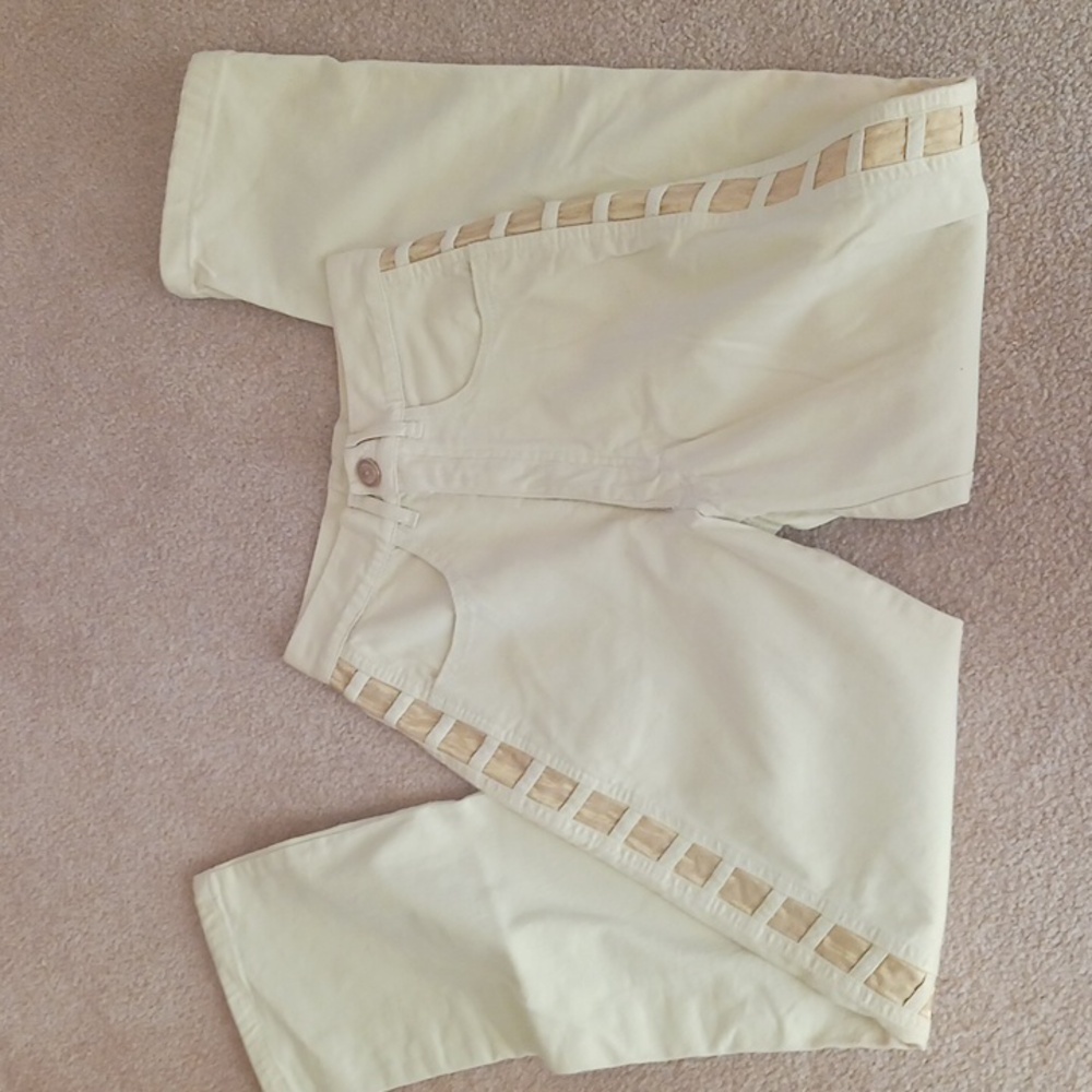 Womens Vintage Pants/ brand Cache sz 4, Color- Lemon,W/Gold Square design
